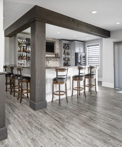 Modern Farmhouse Basement Bar, L Shape Basement Bar, Basement Pillar Ideas, L Shaped Bar Basement, Winery Cellar, Bar Room Design, Basement Style, Basement Rooms, Movie Rooms