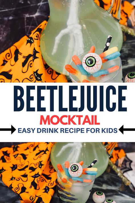 Looking for a fun and easy way to add some Halloween magic to your party? This Beetlejuice Mocktail is a simple Halloween Mocktail for kids with just 3 ingredients! It’s bright, fizzy, and delicious, with just the right amount of spooky fun. Plus, it’s super easy to make—perfect for little helpers in the kitchen! Halloween Kids Drinks, Mocktail For Kids, Juice Ideas, Halloween Juice, Kitchen Halloween, Games Thanksgiving, Kids Drinks, Halloween Party Drinks, Kids Drink