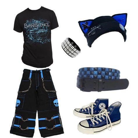 Blue Goth Clothes, Mallgoth Outfits Men, Summer Emo Outfits Men, Emo Outfit Board, Masc Emo Outfits 2000s, Cybergoth Male, Scenemo Outfits Masc, Masculine Scene Outfits, Blue Scene Outfits