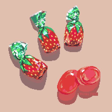 Candy Digital Art, Pixel Art Chocolate, Digital Pixel Art, Peach Pixel Art, Pixel Art Strawberry, Candy Pixel Art, Strawberry Pixel Art, Pixel Candy, Candy Reference