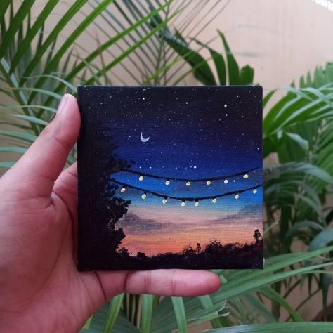 Night Acrylic Painting Easy, Morning Painting Easy, Mini Canvas For Best Friend, 4x4 Canvas Painting Ideas Easy, A4 Canvas Painting Ideas, 4x4 Canvas Paintings, 4x4 Paintings Ideas, 4x4 Canvas Painting Ideas, 3 Panel Canvas Painting