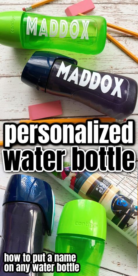 how to label kid water bottles with names that stay in the wash. step by step instructions and tricks. Names On Water Bottles Cricut, Label Water Bottle, Vinyl Water Bottle Ideas, Name On Water Bottle, Diy Water Bottle Labels, Squeeze Water Bottle, Decorating Water Bottles, Monogram Water Bottle, Customised Water Bottles