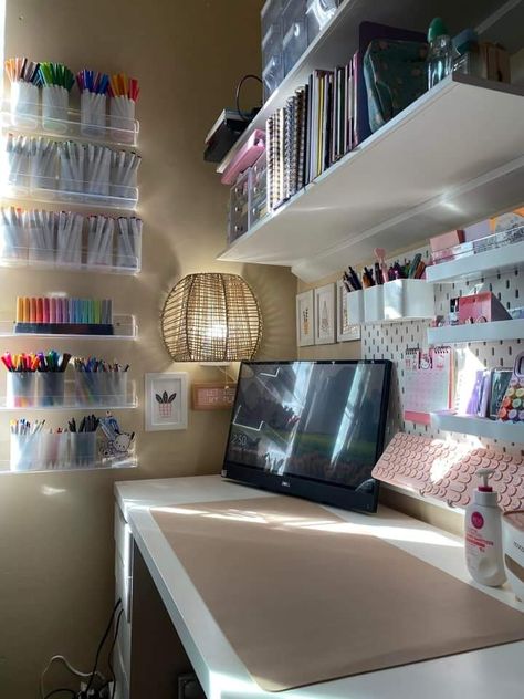 Craft Corner In Bedroom, Crafting Corner Ideas, Small Hobby Room, Playhouse Interior Ideas, 2024 Sketchbook, Shelves Above Desk, Hobby Corner, Playhouse Interior, Office Craft Room Combo