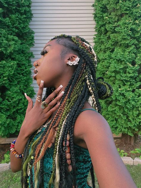 Two Boho Braids, Yellow Peekaboo Hair Braids, Colorful Boho Braids, Box Braids With Hair Jewelry, Black And Green Braids For Black Women, Green Beads Hairstyle, Green And Brown Braids, Green And Brown Box Braids, Olive Green Braids