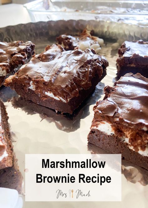 Pin this for later and bake the most delicious marshmallow brownies at home!   Click this Pin for the full recipe. This marshmallow brownie is a rich, dark chocolate brownie topped with marshmallows, so gooey and delicious! The hit of every gathering. Brownies And Marshmallows, Homemade Brownies With Marshmallow, Brownie Recipes With Marshmallows, Brownie And Marshmallow Recipes, Marshmellow Brownie Easy, Brownies With Marshmallows On Top, Chocolate Marshmallow Dessert, Marshmallow Brownies Recipe, Chocolate Marshmallow Brownies