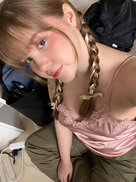 Green cargo pants, pink silk top and ribbons in braids Two Braids With Bangs, Braids And Bangs, Braids With Bangs, Bang Braids, Brown Hair Bangs, Teen Bangs, Cottagecore Girl, Bangs And Glasses, Twisted Bangs