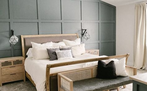 DIY Grid Wall - SPetrichHome Accent Wall Bedroom Slanted Ceiling, Wall Grid Ideas Bedroom, Grid Bedroom Wall, Bedroom Grid Wall, Grid Accent Wall Master Bedrooms, Metal Grid Wall Decor Bedroom, Grid Accent Wall, Diy Grid Wall, Panelling Ideas