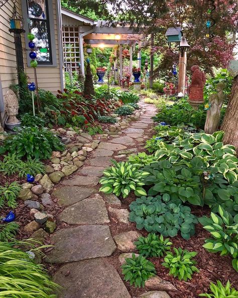 Pleasant View Farm (@constancesgardens) posted on Instagram: “This shady entrance into the East Garden is a favorite. We gathered the rocks for this path from our fields and from the rock piles of…” • Jun 29, 2022 at 1:51am UTC Backyard Magical Garden, Side Yard Landscaping, Shade Garden Plants, Cottage Garden Design, Garden Walkway, Stone Path, Side Garden, Samos, Garden Yard Ideas