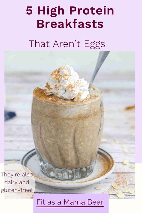 Blended oats in a glass with whipped cream on top and text on the image. Dairy And Egg Free High Protein Breakfast, High Protein Breakfast No Eggs Dairy Free, Dairy Free Protein Breakfast, High Protein Dairy Free Breakfast, High Protein Dairy Free Recipes, Dairy Free Breakfast Recipes, Egg Free Breakfast, Dairy Free Protein, High Protein Breakfast Recipes