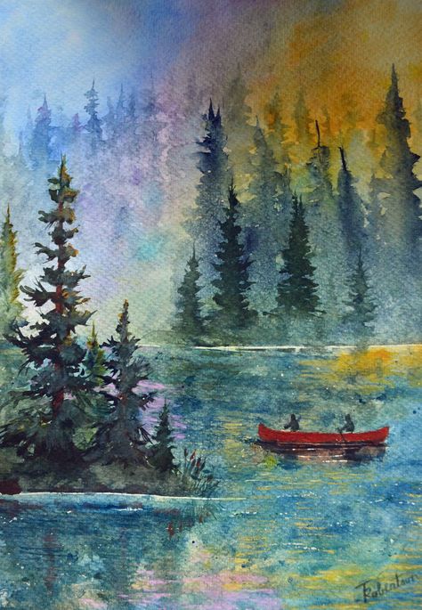 Red Canoe watercolor painting original, nature, serenity, the great outdoors, Colorado art, Terri Robertson Art, boating a mountain lake Canoe Art Paintings, Watercolor Colorado Mountains, Mountain Lake Watercolor, Canoe Painting Ideas, Camping Watercolor Painting, Watercolor Nature Paintings, Watercolor Silhouette Painting, Canoe Watercolor, Lakeside Painting