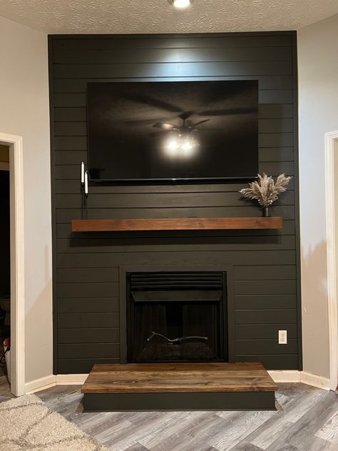 Iron Ore Sherwin Williams Fireplace, Iron Ore Shiplap Fireplace, Iron Ore Shiplap Wall, Corner Media Wall, Black Corner Fireplace, Iron Ore Fireplace, Black Shiplap Fireplace, Fireplace Maintenance, Black Fireplace Wall