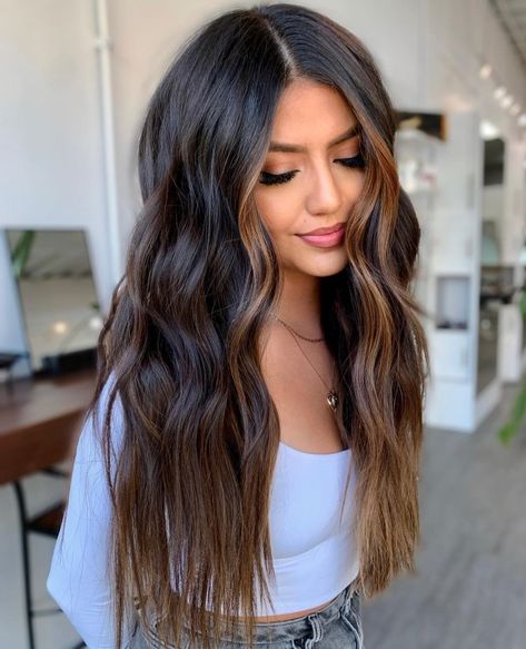 Brown Money Piece, Hair Dimension, Purple Hair Highlights, Long Hair Highlights, Highlights Ideas, Plum Hair, Black Hair Balayage, Dark Brunette Hair, Rave Hair