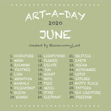 TONS OF DRAWING CHALLENGES on Instagram: “. 🌺 ART-A-DAY JUNE 🌺 Created by @laraczornyj_art Start: June 1 End: June 30 #artaday_lmc  Write "+" in comments if you are going to…” Drawing Challenges, 30 Day Art Challenge, Creative Notebooks, June 30, 30 Day Drawing Challenge, June Challenge, Sketchbook Challenge, Drawing Ideas List, Creative Drawing Prompts