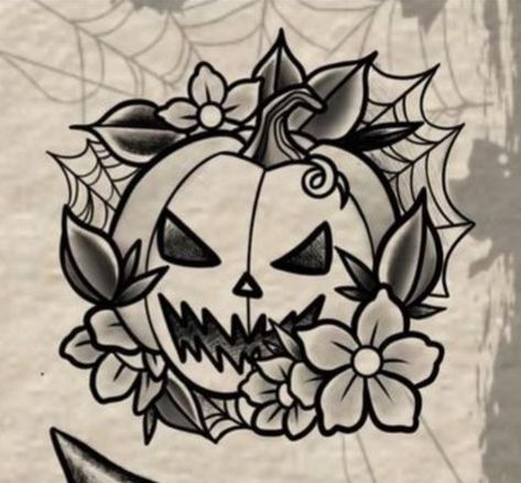 Spooky Halloween Tattoo Designs, Black And Grey Pumpkin Tattoo, Traditional Tattoo Drawings Sketches, Colored Halloween Tattoos, American Traditional Jack O Lantern Tattoo, Evil Pumpkin Drawing, Pumpkin Knee Tattoo, Classic Halloween Tattoos, Pumpkin Hand Tattoo