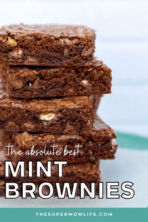 These easy-to-make mint brownies are perfectly moist on the inside, and have the perfect amount of mint and melted chocolate chips inside. Mint Chocolate Chip Bars, Mint Chip Brownies, Chocolate Mint Brownies Recipe, Mint Chocolate Chip Recipes, Mint Chocolate Chip Brownies, Mint Chocolate Brownies, Mint Brownies Recipe, Melted Chocolate Chips, Chocolate Chip Cookie Brownies