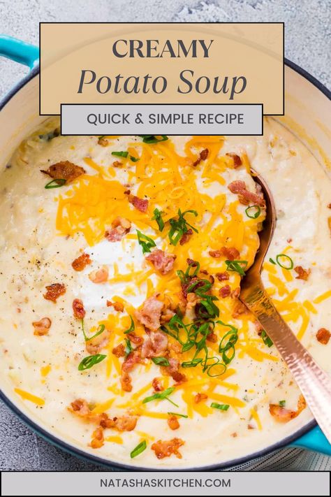 This easy creamy loaded Potato Soup recipe is so good! It’s loaded with hearty potatoes and savory, crunchy bacon in a creamy base made without using heavy cream. This quick, 30-minute recipe is a total comfort food that you’ll make over and over again.