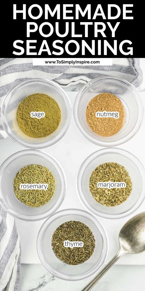 Five different types of herbs and spices for homemade poultry seasoning in small glass bowls. Spices Mixes Recipes, Pre Mix Recipes, Stuffing Seasoning Recipe, Recipe For Poultry Seasoning, Poultry Seasoning Recipe Simple, Homemade Poultry Seasoning, Stuffing Seasoning, Diy Poultry Seasoning, How To Make Poultry Seasoning