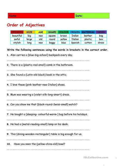 Order Of Adjectives Worksheet, Adjective Order, Adjectives Esl, Adjectives Grammar, Adjectives Worksheet, Order Of Adjectives, Adjectives Activities, English Adjectives, Adjective Worksheet