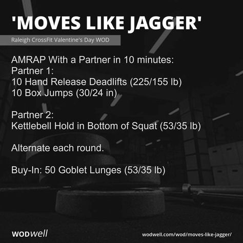 AMRAP With a Partner in 10 minutes: Partner 1:; 10 Hand Release Deadlifts (225/155 lb); 10 Box Jumps (30/24 in); Partner 2:; Kettlebell Hold in Bottom of Squat (53/35 lb); Alternate each round.; Buy-In: 50 Goblet Lunges (53/35 lb) Kettlebell Partner Workout, Handstand Push Up, Moves Like Jagger, Wod Workout, Air Squats, Box Jumps, Kettlebell Swings, Muscle Up, Partner Workout