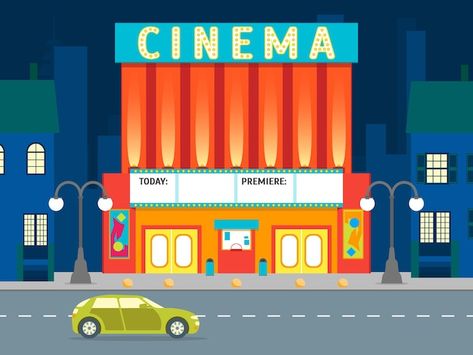 Cartoon building cinema on a city landsc... | Premium Vector #Freepik #vector #cartoon-city #cartoon-street #city-house #flat-city Cartoon Street, Body Parts For Kids, Cartoon City, Cartoon Building, Premium Vector Cartoon, Exterior Facade, City Cartoon, Landscape Background, Urban Architecture