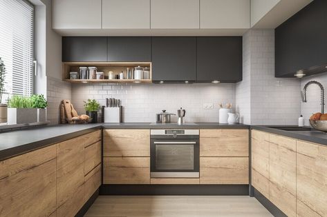 ArtStation - Apartment Interior ( Unreal Engine / UE4 ), Tomasz Muszyński Kitchen Wood And Grey, Dark Counter Tops Kitchen, Grey And Wood Kitchen, Painted Cabinets, Kabinet Dapur, Modern Kitchen Cabinet Design, Dream Kitchens Design, Modern Kitchen Interiors, Kitchen Interior Design Decor