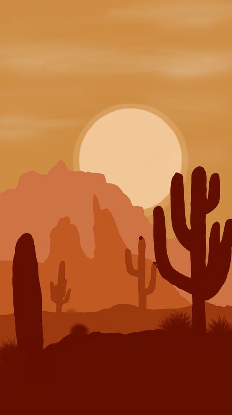 Sedona Painting Easy, Simple Desert Landscape Art, Canyon Painting Simple, Arizona Art Painting, Cactus Desert Drawing, Monochromatic Colors Art, Western Procreate Art, Arizona Sunset Painting, Western Digital Art