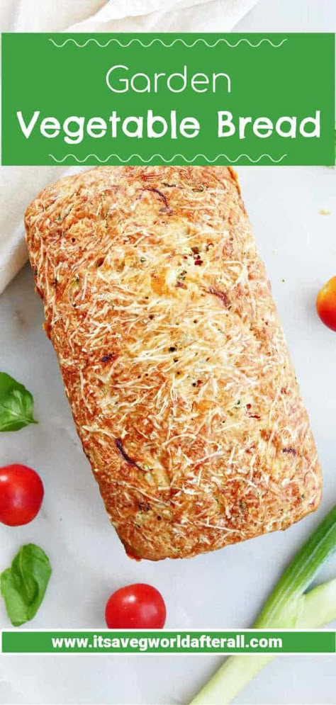 Use your garden vegetables to make this delicious quick bread! It's a savory vegetable bread made with zucchini, tomatoes, green onions, basil, garlic, and cheese. Veggie Bread Recipes, Bread With Vegetables, Baking With Vegetables, Vegetable Bread Recipe, Tomato Zucchini Recipes, Green Tomato Bread Recipe, Cucumber Bread Recipe, Vegetable Loaf Recipe, Savory Quick Bread Recipes