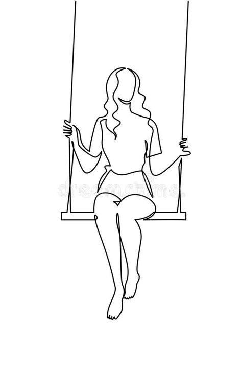 Continuous one line drawing youg woman swinging on swing. Leisure time vector illustration. Continuous one line drawing youg woman swinging on swing. Leisure royalty free illustration Free Time Drawing Ideas, Free Line Drawing, Continuous Line Art Drawings, Art Sketches Person, Simple Woman Drawing, Line Drawings Women, One Line Drawing Aesthetic, Line Art Drawings Woman, Women One Line Drawing