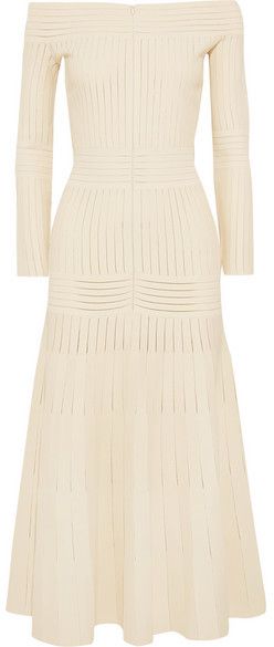 Barbara Casasola Off-the-shoulder mesh-paneled stretch-jersey dress. Kate Middleton Style Dresses, Long Occasion Dresses, White Flare Dress, Barbara Casasola, Midi Flare Dress, Kate Middleton Dress, White Knit Dress, Middleton Style, Mid Calf Dresses