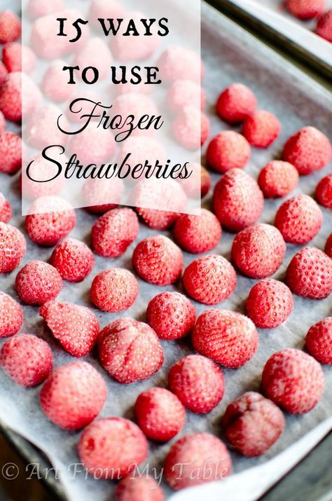 Enjoy the taste of summer all year long by freezing strawberries! There are 2  easy ways to freeze strawberries, plus 15 ways to use them. Let's stock that freezer! #artfrommytable #howtofreezestrawberries #frozenstrawberryrecipes Frozen Strawberries Recipes Easy, Ideas For Frozen Strawberries, How To Use Frozen Fruit, Uses For Frozen Strawberries, How To Use Frozen Strawberries, How To Freeze Strawberries, What To Make With Frozen Strawberries, What To Do With Frozen Strawberries, Frozen Strawberries Recipes