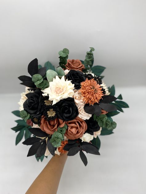 Burnt orange and black bouquet from 100% handmade flowers and greenery.Everlasting, never fading, pretty realistic.Wedding bouquet is decorated with ribbons.Also bouquet can be completed with boutonnieres and corsages at the same style.Bouquet is available in 3 sizes: 7, 9 and 12 inchesIf you like the design but your wedding is in other color do not hesitate to contact me custom orders are welcome.When placing the order, please Specify the event dateOther colors are also available. Contact me fr Black White And Burnt Orange Wedding, Black Green Burnt Orange Wedding, Black Rose Wedding Bouquet, Prom Flowers Bouquet Black Dress, Black And Burnt Orange Wedding, Black And Rust Wedding, Alanna Wedding, Burnt Orange Wedding Bouquet, Rust Bouquet