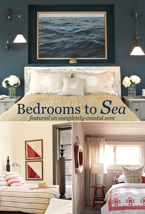 Nautical bedroom ideas with sailor chic style in navy blue, and signal flag red, and more. Nautical bedroom ideas for those who love the sea. Featured on Completely Coastal. Blue Red Bedroom Ideas, Sailing Theme Bedroom, Vacation Home Bedroom Ideas, Nautical Inspired Bedroom, Ocean Cottage Bedroom, Nautical Bedroom Ideas Master, Nautical Bedrooms Coastal Style, Nautical Master Bed, Nautical Bedroom Theme