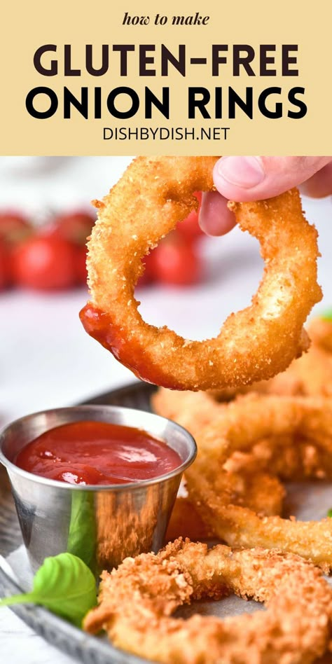 These crispy gluten-free onion rings make an incredibly delicious appetizer or savory snack! Serve them with your favorite dipping sauce for the perfect party food! Totally dairy-free too. Gluten Free Onion Rings, Gluten Free Sides, Gluten Free Sides Dishes, Gluten Free Appetizers, Cookies Gluten Free, Gluten Free Meals, Homemade Gluten Free, Gluten Free Recipes For Dinner, Food At Home