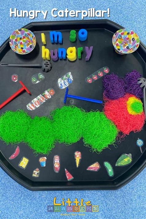 Tuff Trays Based On Books, Hungry Caterpillar Messy Play, Book Week Activities For Babies, Book Inspired Tuff Trays, World Book Day Tuff Tray, Book Week Tuff Tray Ideas, World Book Day Activities Preschool, Book Themed Tuff Tray, World Book Day Activities For Toddlers