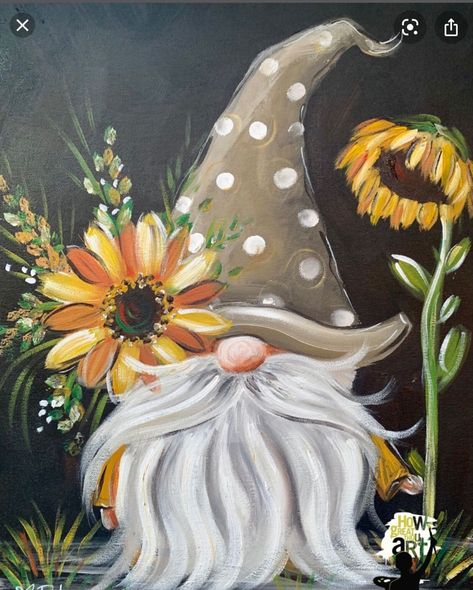 Gnome Painting Acrylic, Gnome Painting Templates, Spring Bunny Painting, Cartoon Gnome Drawing, Fall Flower Painting Ideas, Sunflower Gnome Painting, Gnome Paintings On Wood, Gnome Fall Painting, Fall Gnome Painting Canvas