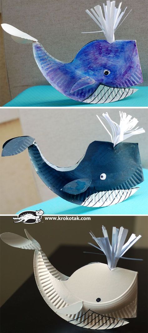 Um, how awesome is this?! Paper plate whale... above and beyond! =) Ocean Crafts For Kindergarten, Jonah Whale Craft, Diy Whale Crafts, Preschool Jonah And The Whale Craft, Paper Plate Craft Ideas, Kids Ocean Crafts, Ocean Diy Crafts, Cardboard Whale, Paper Plate Whale