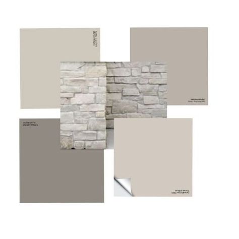 Taupe Exterior Color Schemes, Sw Taupe Tone Exterior, Grey Beige Exterior House Colors, Exterior Stone Colors, Exterior House Colors With White Stone, Cobblestone Paint Color, Light Colored Stone Exterior, Taupe And Cream House Exterior, Exterior Greige Paint Colors