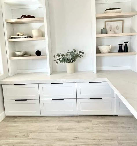 Ikea Home Office L Shape, Ikea Cabinets In Office, Two Desks Side By Side, Clean Craft Room, Built In Corner Office Desk And Cabinets, Home Office Desk Storage, Built In Office Desk And Cabinets L Shape, Office And Storage Room Combo, Home Office With Lots Of Storage