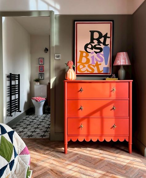 All posts • Instagram Olive Walls, Eccentric Bedroom, Orange Painted Furniture, Homely House, Furniture Remodel, Bright Interior Design, Red Dresser, Cozy Cottagecore, Bright Interior