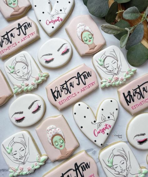 Spa Opening Party Ideas, Esthetician Grand Opening Ideas, Esthetician Graduation Party, Esthetician Party Decorations, Esthetician Party Ideas, Beauty Salon Grand Opening Ideas, Esthetician Cookies Decorated, Spa Grand Opening Ideas, Esthetician Cookies