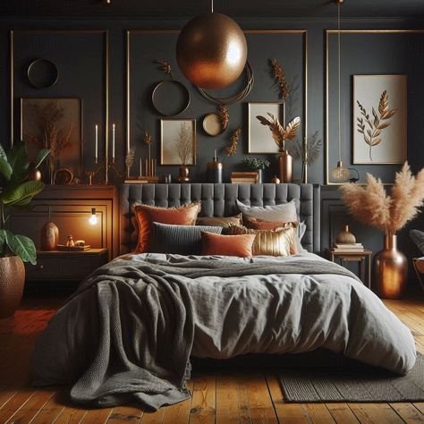 Dark Cozy Bedroom Dark Modern Boho Bedroom, Rich Color Bedroom Ideas, Dark Moody Eclectic Bedroom, Dark Colors Bedroom, Cinnamon Slate Bedroom, Bedroom Ideas Low Ceiling, Dark Charcoal Bedroom Walls, Earthy Dark Bedroom, Black Color Drenched Bedroom