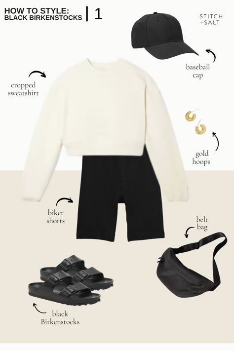 Five Ways To Style Black Birkenstocks For Early Fall - Stitch & Salt Style Biker Shorts, Outfit Biker Shorts, Black Birkenstocks, Biker Shorts Outfit Summer, Biker Shorts Outfits, Chic Airport Outfit, Outfit Biker, Birkenstock Outfit, Style Parisienne