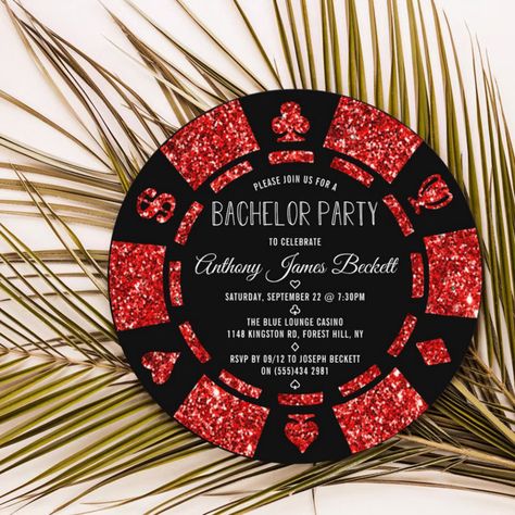 Red Glitter Poker Chip Las Vegas Bachelor Party Invitation - Bachelor Party gifts Vegas Wedding Theme, Vegas Bachelor Party, Dream Wedding Ceremony, Bachelor Party Invitations, Casino Wedding, Wedding Rehearsal Dinner Invitations, Bachelor Party Gifts, Poker Chip, Casino Night Party