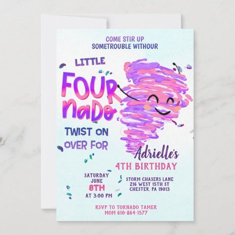 Create your own Invitation | Zazzle Birthday Theme For 4 Year Girl, 4 Themed Birthday Party Girl, 4 Nado Birthday Party, 4th Birthday Party For Girls Theme Ideas, Four Nado Birthday Party Girl, 4year Birthday Party Ideas Girl, 4 Yr Birthday Ideas Girl, 4th Girl Birthday Party Ideas, Fournado Birthday Party Girl