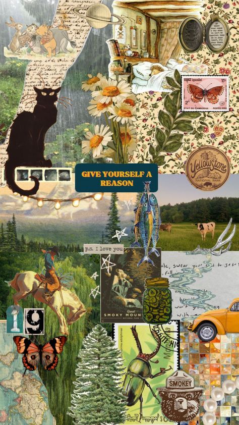 Maddie Core, Collages Ideas, California Collage, Green Scrapbook, Collage Nature, Hippie Core, Adventure Journal, Vision Board Collage, Nature Collage