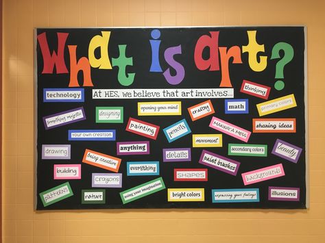 During this first week, I asked my students to answer the question..."What is art?"  Students wrote down their words or phrases to answer the question. I was so impressed with all the words/phrases they come up with!! There were too many words to even fit on the board!  I love my job! Art Questions For Students, Back To School Art Bulletin Board Ideas, Art Classroom Bulletin Boards, Art Class Rules, Art Class Decor, Art Class Posters, Art Bulletin Board, Art Classroom Organization, Elementary Art Classroom