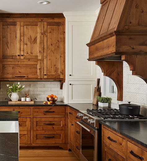 Solid Wood Cabinets Kitchen, Reclaimed Barn Wood Kitchen Cabinets, Two Color Cabinets In Kitchen, Pine Kitchen Cabinets Farmhouse, Mid Tone Wood Kitchen Cabinets, Two Tone Kitchen Cabinets Wood, Warm Wood Kitchen Cabinets, Woodsy Kitchen, Warm Wood Kitchen