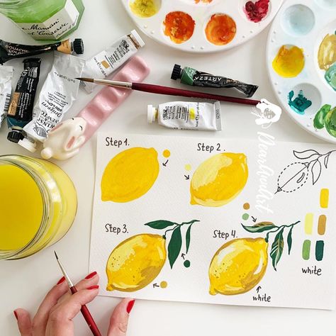 Lemon Gouache, Gouache Tutorial, Watercolor Painting For Beginners, Lemon Painting, Lemon Art, Watercolor Paintings For Beginners, Gouache Art, Soyut Sanat Tabloları, Watercolor Art Lessons