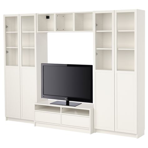 BILLY Bookcase combination with TV bench - white - IKEA Tv Cabinet Ikea, Ikea Closet Hack, Built In Bench Seating, Billy Ikea, Ikea Tv, Bufet Tv, Ikea Billy Bookcase Hack, Ikea Closet, Modern Tv Cabinet