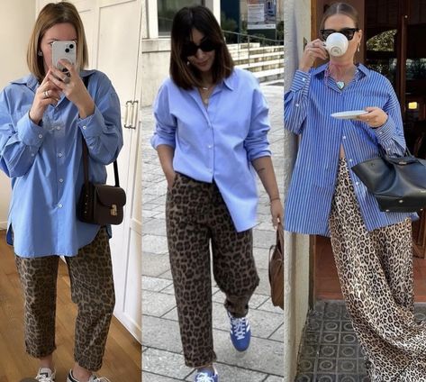 Navy And Leopard Outfit, Blue And Leopard Outfit, Neutral With Pop Of Color Outfit, Chic Mom Outfits, Curated Wardrobe, Leopard Outfits, Animal Print Pants, Color Combos Outfit, Minimal Wardrobe